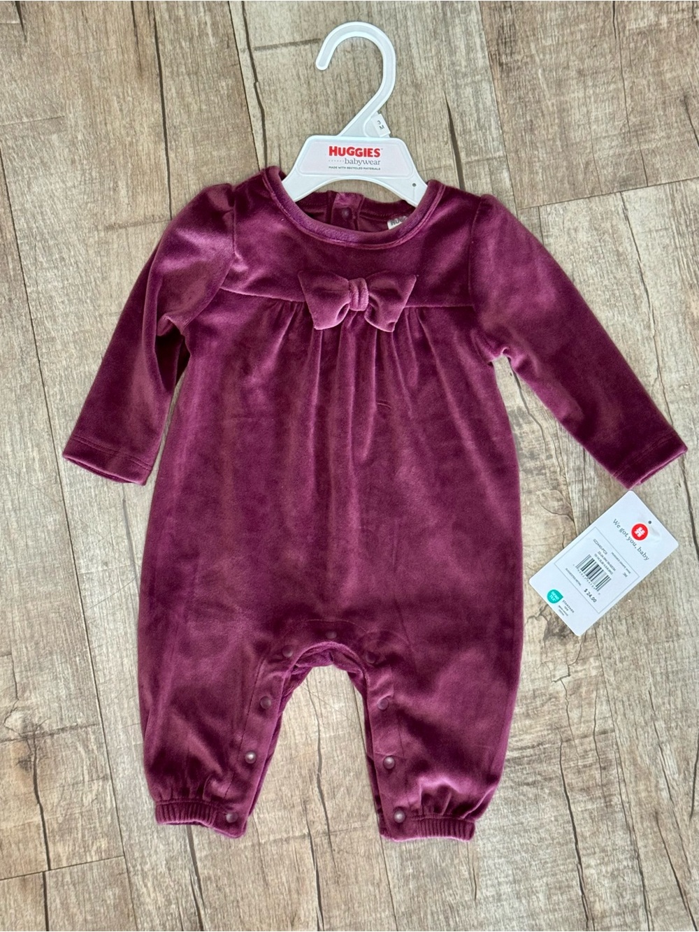 Huggies Baby Wear Velour Coverall 3M Purple Burgundy Bow One Piece Infant